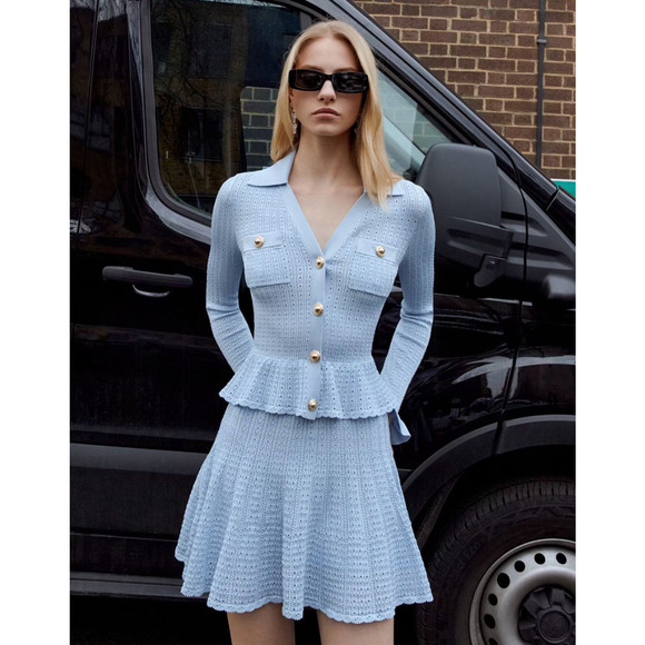 Self-Portrait Blue Pointelle Knit Mini Dress L - Picture 1 of 12
